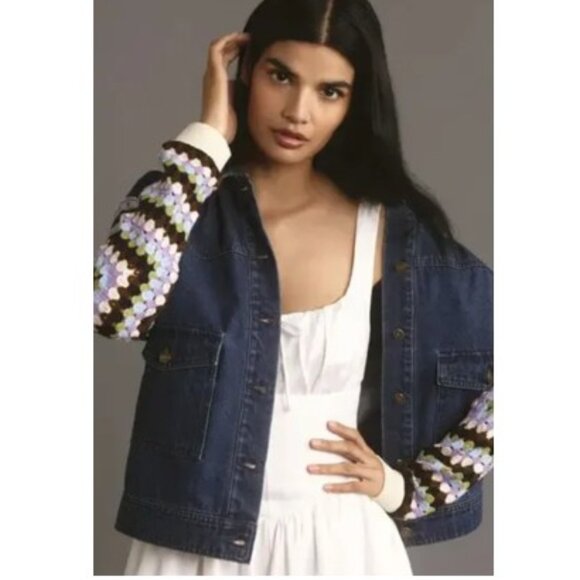 Anthropologie Blue Denim Jacket with Multicolor Crochet Sleeves - Picture 1 of 11